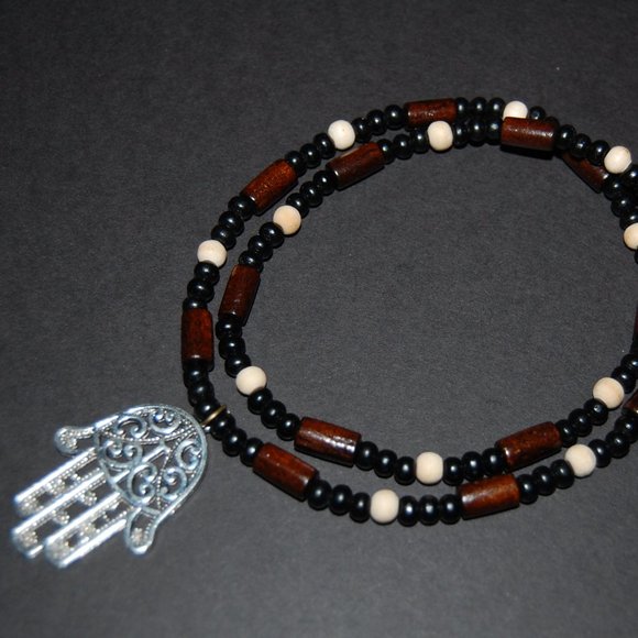 Hamsa Hand Necklace,Wood Necklace,Judaica Symbols,Kabbalah Necklace,Men Necklace - Picture 4 of 5